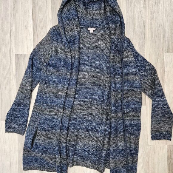 J. JILL Womens Blue Gray Knit Hooded Mid Length Open Front Wool Cardigan Small - Picture 2 of 7